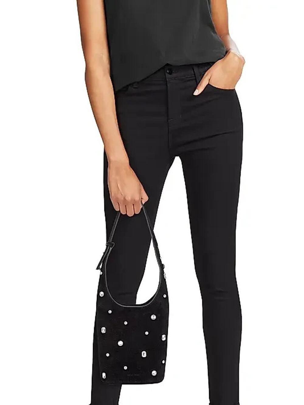 NWT Veronica Beard Small Crystal-Embellished Suede Shoulder Bucket Bag Black